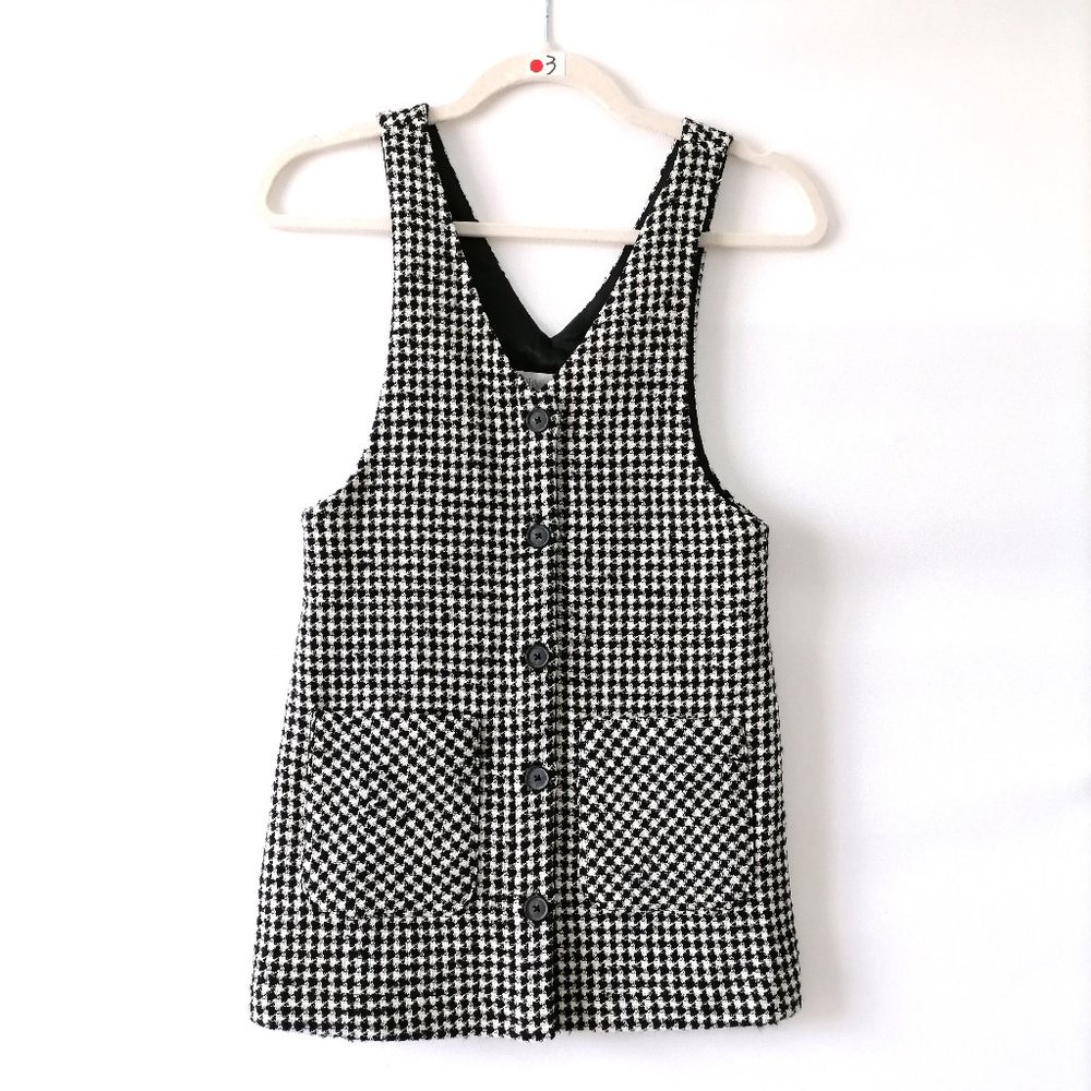 NWT Zara Black White V Neck Wide Starp Pocket Houndstooth Tank Dress Size 9
